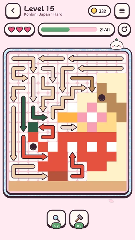 A level in progress: arrows on the board, a pixel picture appears underneath