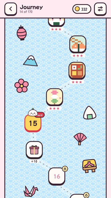 The journey map, a winding path of levels through a cozy world