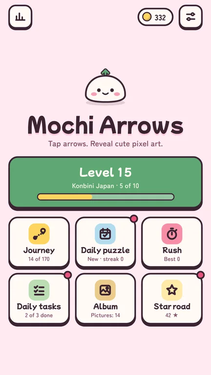 Home screen with Journey, Daily puzzle, Rush, Daily tasks, Album and Star road
